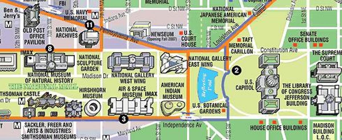քարտեզ թանգարանների, Վաշինգտոնի DC ու հուշարձանները