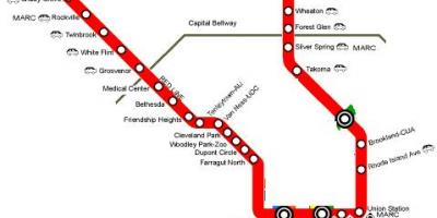 Washington DC մետրոյի կարմիր գիծը քարտեզի վրա